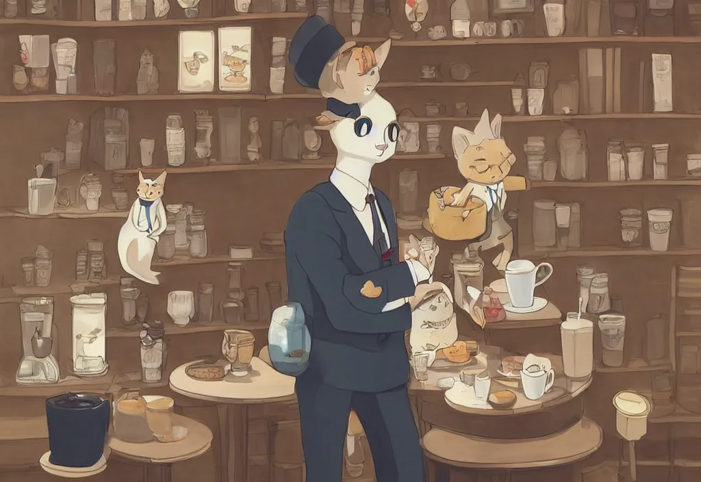 Image similar to a highly detailed portait of a cute little anthropomorphic cat barista wearing a suit in a parisian coffee shop by studio ghibli, tiny, small, cute and adorable, pretty, beautiful, character art portrait, matte painting, Artstation