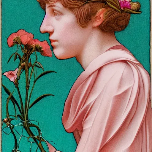 Prompt: close - up of a girl morphing in flowers, film still by wes anderson, depicted by leon battista alberti, limited color palette, very intricate, art nouveau, highly detailed, lights by hopper, soft pastel colors, minimalist