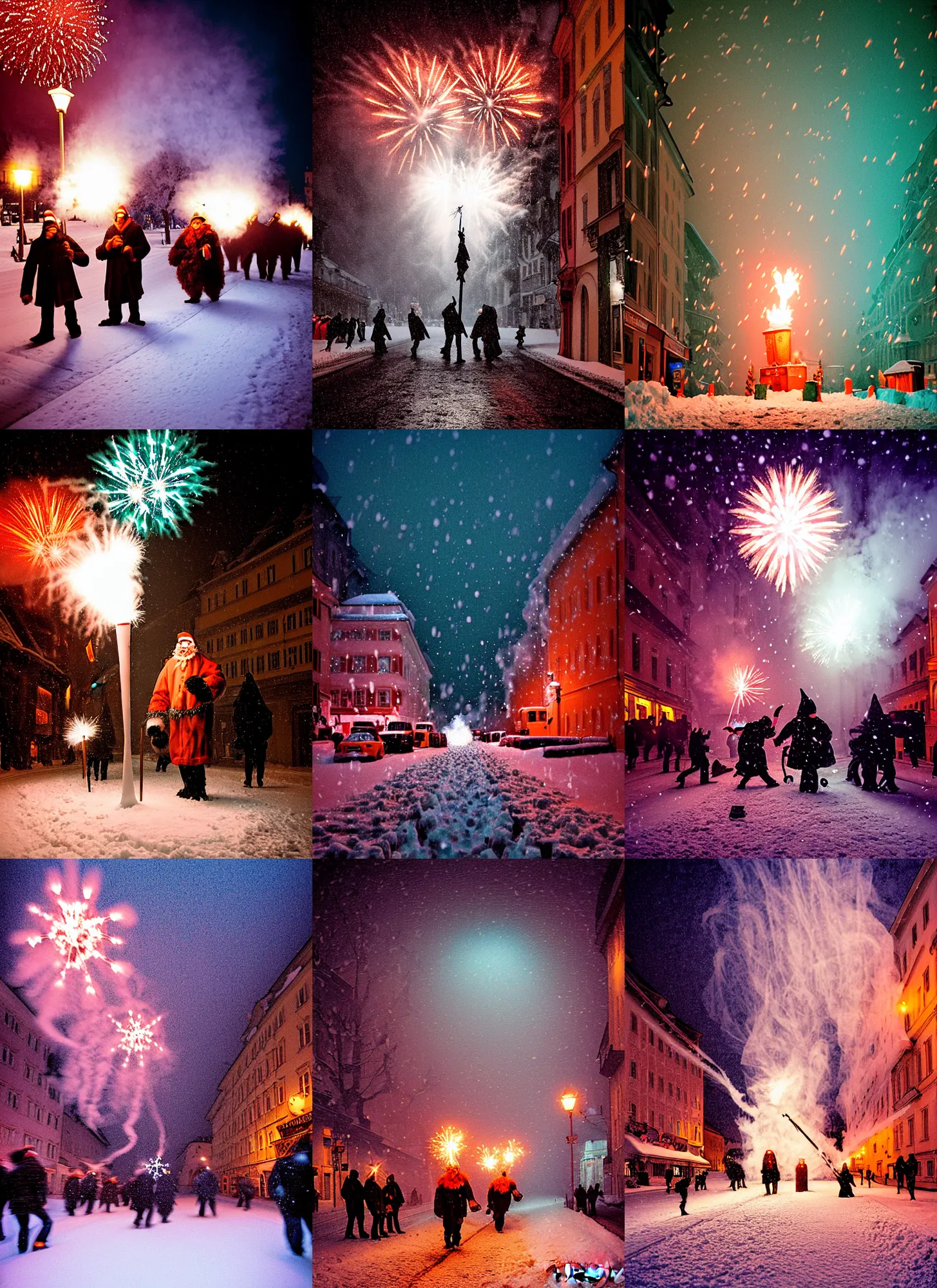 Prompt: kodak portra 4 0 0, snow, snowflakes, award winning dynamic photograph of a bunch of hazardous krampus by robert capas, in muted colours, striped orange and teal, motion blur, on a street in salzburg at night with colourful pyro fireworks and torches