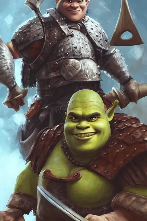 Image similar to A realistic anime portrait of Shrek, warrior, D&D, dual Axe wielding, full body plated armor, dungeons and dragons, tabletop role playing game, rpg, jrpg, digital painting, by Stanley Artgerm Lau, Frank frazzeta, WLOP and Rossdraws, digtial painting, trending on ArtStation, SFW version