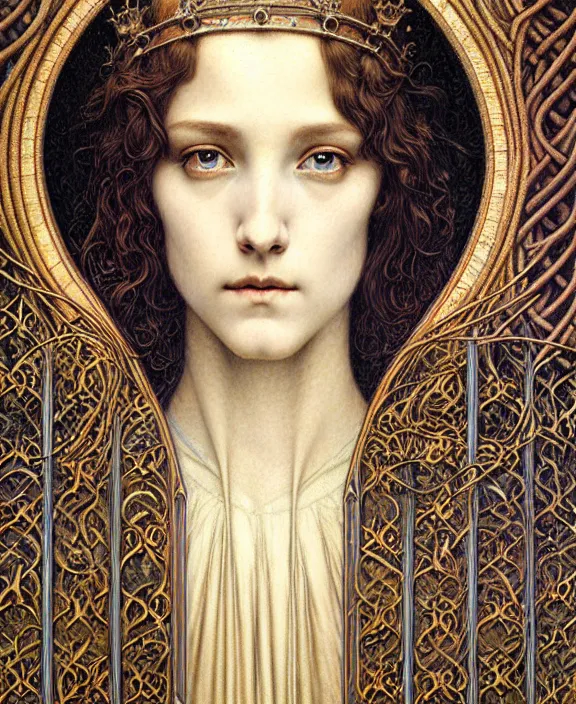 Image similar to detailed realistic beautiful young medieval queen face portrait by jean delville, gustave dore and marco mazzoni, art nouveau, symbolist, visionary, gothic, pre - raphaelite. horizontal symmetry