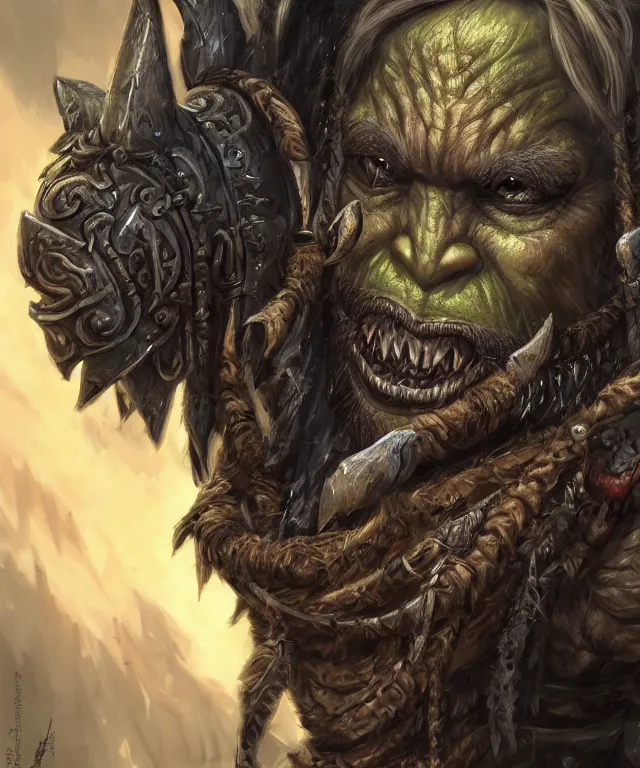 Image similar to portrait of an orc, detailed eyes, fantasy, world of warcraft, intricate, highly detailed, digital painting, 4 k, hdr, concept art, smooth, sharp focus, illustration, by wayne reynolds