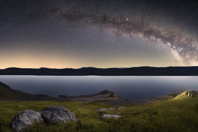 Prompt: a large valley landscape with a still lake at night and milky way appearing on the sky, 8K, hdr, octane render, long pose photography, astrophotography