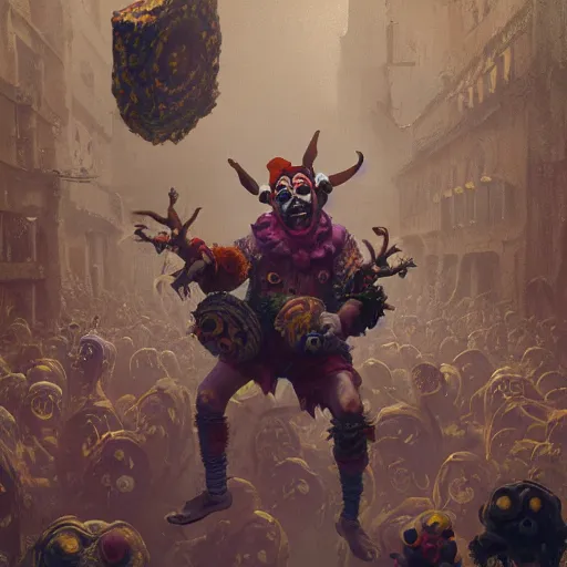 Prompt: a scared jester dressed in jester clothes plays an ornate musical instrument surrounded by a crowd of hungry zombies, concept art, trending on artstation, by greg Rutkowski