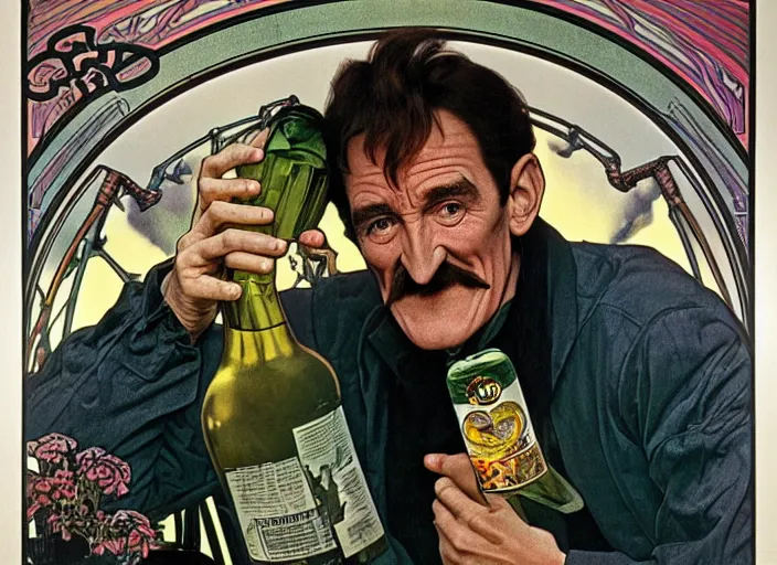 Prompt: barry chuckle drinking a bottle of snake oil, snake oil advertisement from 1 9 8 8, artwork by alphonse mucha and richard corben, 3 d, high resolution 8 k