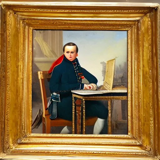 Image similar to 1 8 0 0 s oil painting of napoleon sitting in a contemporary office desk, 8 k, very intricate, very detailed,