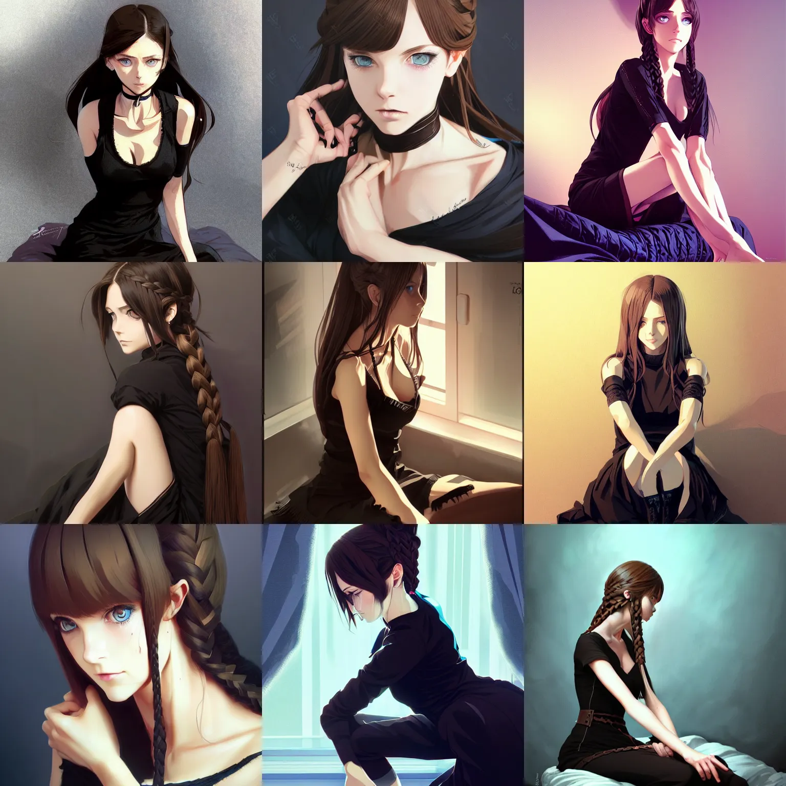 Prompt: beautiful woman with braided brown hair and blue eyes, wearing a black dress, sitting on her bed, black colors, highly detailed, in the style of and ilya kuvshinov and greg rutkowski, high quality anime artstyle, intricate