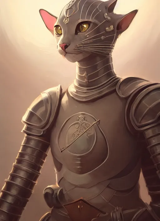 Image similar to highly detailed portrait of a cat knight wearing heavy armor, stephen bliss, unreal engine, greg rutkowski, loish, rhads, beeple, makoto shinkai and lois van baarle, ilya kuvshinov, rossdraws, tom bagshaw, tom whalen, alphonse mucha, global illumination, god rays, detailed and intricate environment