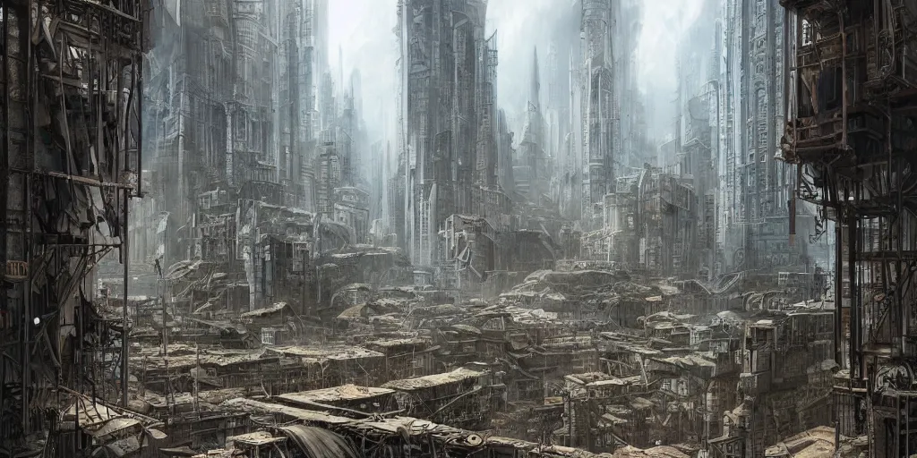 Prompt: slums below a megastructure city, megacity, sci-fi, matte painting, concept art, hyper realistic, intricate details, hyperrealism, style by dylan cole