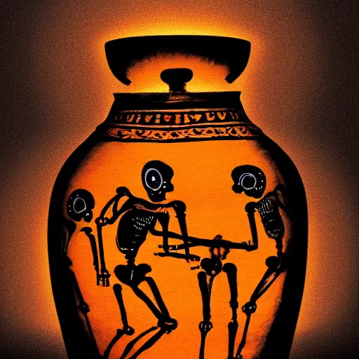 Image similar to skeletons running painted on a roman jar, abstract, orange theme, 8k resolution, sodium light