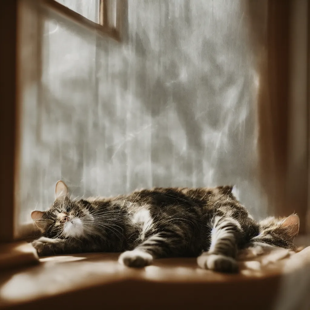 Prompt: a cat sleeping in front of a window, morning light rays comes out from the window, backlighted, professional detailed photo