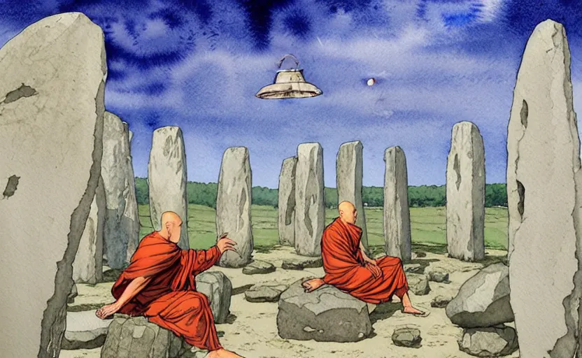 Image similar to a hyperrealist watercolor fantasy concept art of giant monk with a long forehead in grey robes sitting in stonehenge. several large stones are floating in the air. in the background a ufo is in the sky. by rebecca guay, michael kaluta, charles vess