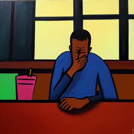 Prompt: a man sitting in a bar about to make a fundamental decision for his life, he is uncertain, but he knows he would rather have remorse than regret, acrylic painting