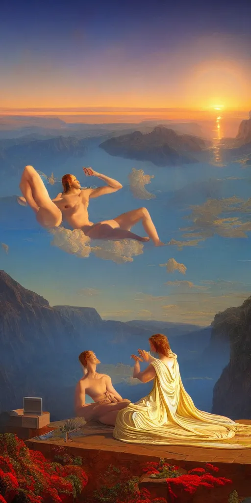 Image similar to symmetry!! smoking a joint in a surreal landscape of a dream, lucid dream, people, very detailed, serene, peaceful, golden hour, perfect lighting, perfect composition, digital art, illustration, frederic edwin church, tom white, 4 k