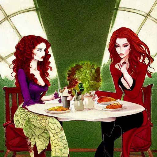 Image similar to a beautiful picture of doctor poison ivy professor of botany and doctor liliana vess professor of demonology having lunch, academic clothing, dark eyeliner, intricate, elegant, highly detailed, digital painting, artstation, concept art, matte, sharp focus, illustration, art by bob ross and hokusai