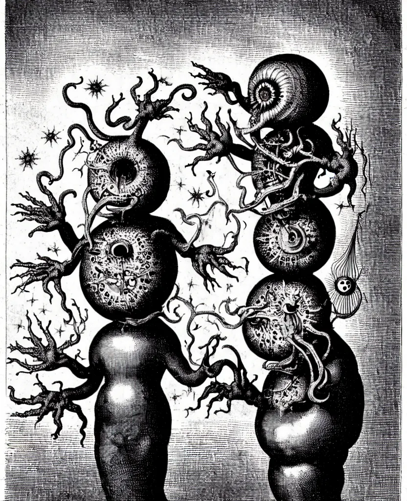 Image similar to whimsical freaky creature sings a unique canto about'as above so below'being ignited by the spirit of haeckel and robert fludd, breakthrough is iminent, glory be to the magic within