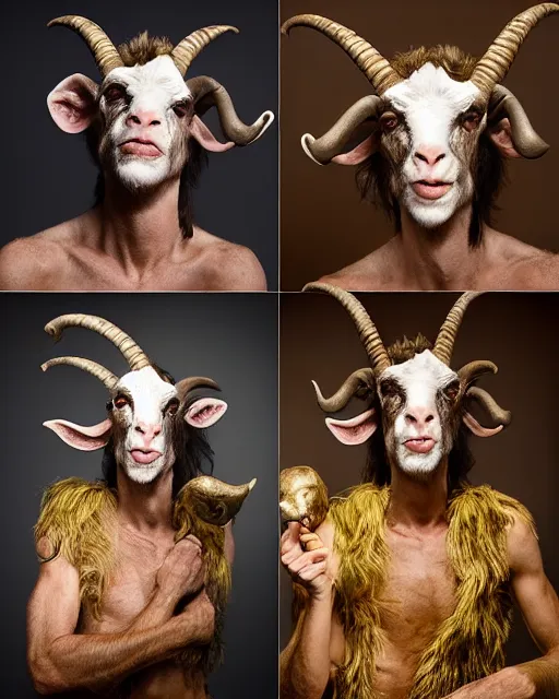 Image similar to actor Mick Jagger in Elaborate Pan Satyr Goat Man Makeup and prosthetics with large goat ears designed by Rick Baker, Hyperreal, Head Shots Photographed in the Style of Annie Leibovitz, Studio Lighting