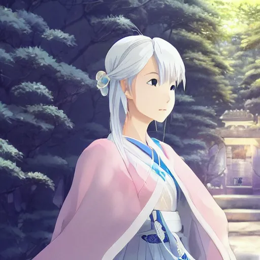 Prompt: Portrait of a japanese princess young lady, with white hair and bangs!!!! beauty artwork by Makoto Shinkai, Studio Ghibli, white hair, ayaka genshin impact, ayaka, ayaka game genshin impact, ayaka, extremely detailed, beautiful, establishing shot, artistic, shadows, high quality, unreal engine, overwatch art team