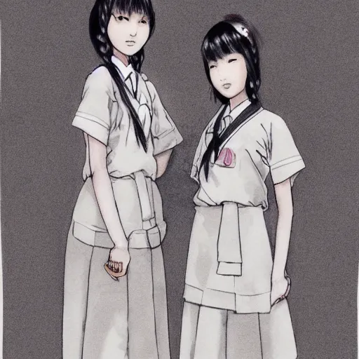 Image similar to a perfect, realistic professional digital sketch of two Japanese schoolgirls posing, in style of Marvel, full length, by pen and watercolor, by a professional American senior artist on ArtStation, a high-quality hollywood-style sketch, on high-quality paper