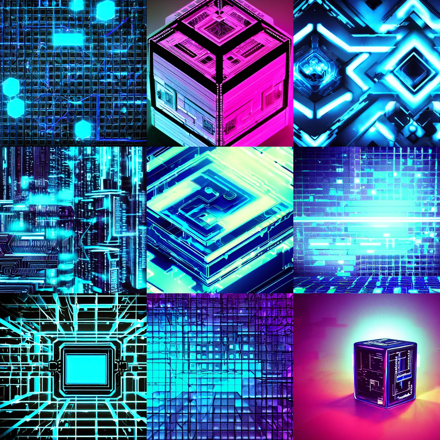 Prompt: single Cyberpunk Intricate black and neon blue cube no background 4K 3D render desktopography HD Wallpaper digital art