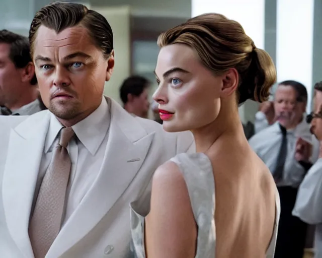 Image similar to leonardo dicaprio as the wolf of wall street next to beautiful margot robbie as naomi from the wolf of wall street, hyper realistic faces, cinematic, long shot, hyper detailed, 8 5 mm photograph, 8 k resolution, film still, sharp lens, wide lens