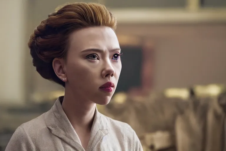 Image similar to scarlett johansson as an racist caricature of a chinese woman in the new movie directed by joss whedon, movie still frame, promotional image, critically condemned, top 6 worst movie ever imdb list, symmetrical shot, idiosyncratic, relentlessly detailed, limited colour palette