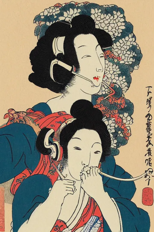 Image similar to a goddess with headphones and smoking a cigarette, in a silent disco rave, by katsushika hokusai, by ralph steadman, storybook illustration, cool color palette, in a symbolic and meaningful style, single figure