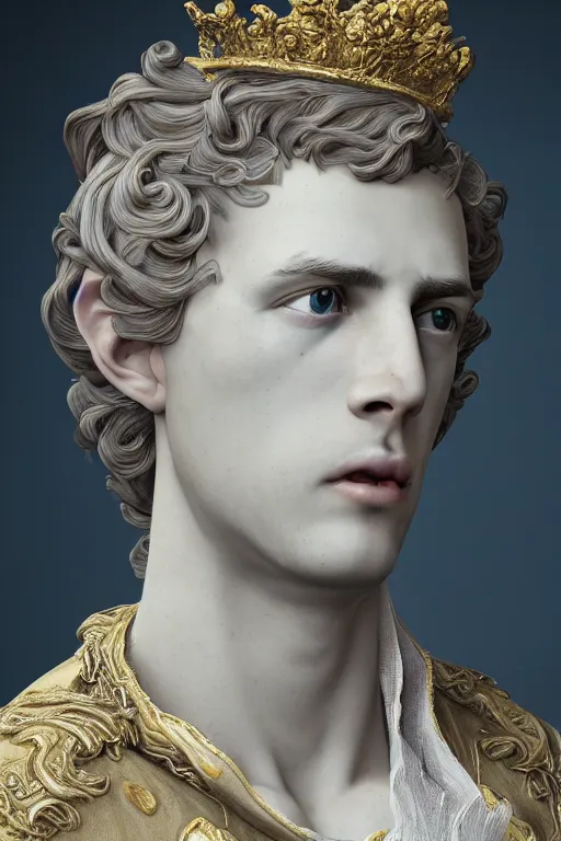 Image similar to a realistic porcelain full-head rococo style bust of handsome young Spanish prince a faded style haircut and a crown made of colored pipecleaners, suspended in outer space, photorealism, octane render, depth of field, 8k, 35mm, artgem, Trending on artstation