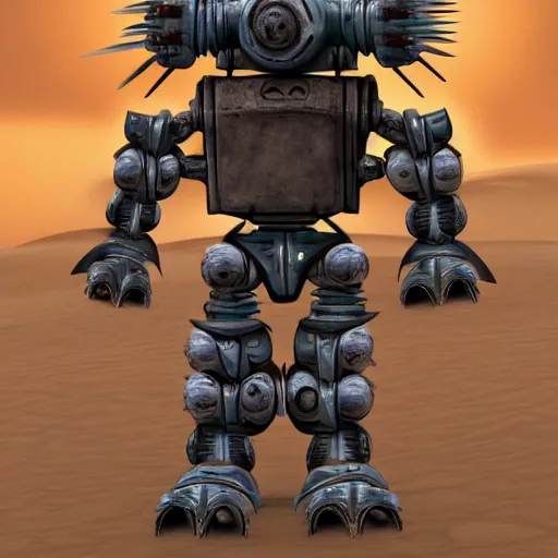 Prompt: spacepunk robot warforged, fullbody concept, robot is covered with long spikes, vast desert, symmetrical