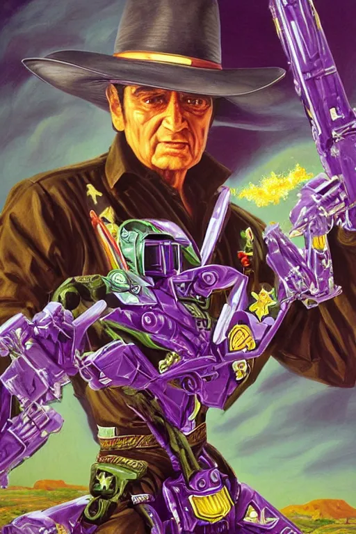 Image similar to portrait of cowboy johnny cash as purple green optimus prime power ranger from transformers surfing tonic stimulant fluids on air guitar zord UFO hoverboard, intricate, highly detailed, smooth, artstation, digital illustration by Lisa Frank and Ruan Jia and Mandy Jurgens and Artgerm and Wayne Barlowe and Greg Rutkowski and Zdislav Beksinski