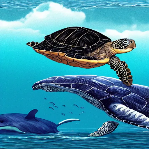 Image similar to a turtle on a whale, photorealistic