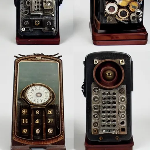 Image similar to an extremely complex and advanced steampunk cellphone from the 1920s