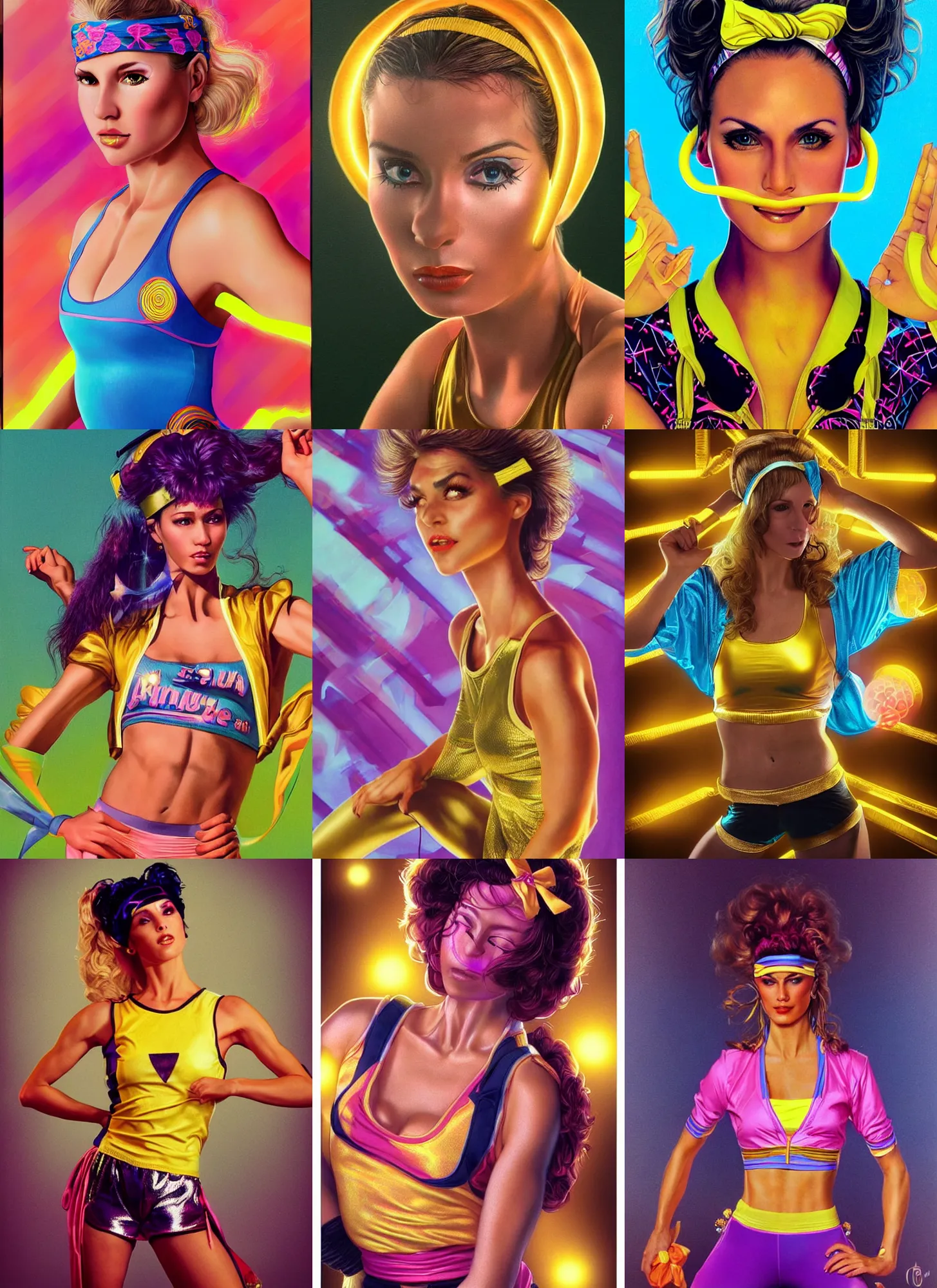 Prompt: a gorgeous woman dressed in an aerobic outfit of the eighties with golden colors and head band, retro, beautiful lights, vintage look, hyper realistic, 8 k, intricate, duo tone, art by david la chapelle and philip castle, artgerm