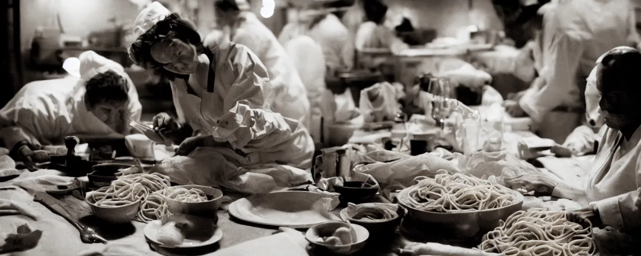 Prompt: a woman giving birth on a pile of spaghetti, chefs in the background, canon 5 0 mm, cinematic lighting, photography, retro, film, kodachrome