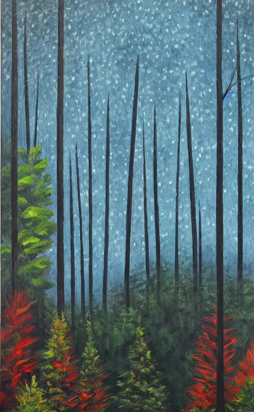 Prompt: a dramatic yet peaceful colorful surrealist oil painting of a moonlit lush dense spruce forest crossed with a city at night with a business man standing by a bonfire, trees with lots of leaves, city, there's a business man in a suit near the fire with his back turned away from the viewer, curved trees, the top of the trees have morphed into art deco skyscrapers pointing at the moon, new york skyscrapers in the night sky with lights in the windows, the painting has cold blues at the top and warm orange colors at the bottom, a cross between lush spruce trees and a city, colorful orange and blue gradient, bright orange camp fire, worm's eye view of a art deco metropolis, city buildings on top of trees, fish eye lens, worm's eye view, art deco office buildings, Chrysler Building, peaceful clear blue skies with fluffy clouds on a moonlit night, city lights made of lush trees, lush tress made of city lights, warm blue and orange colors, blue sky, orange bonfire lighting its surroundings, silhouette of a man