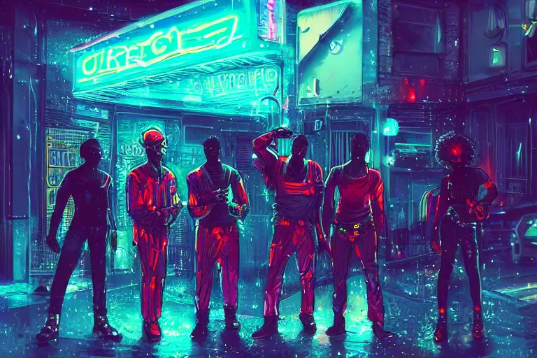 Prompt: a stunning illustration of a group of Afrofuturist cyberpunks standing outside a bar, raining, neon reflections, strong lighting, highly detailed, by Antunesketch, HD, 4K