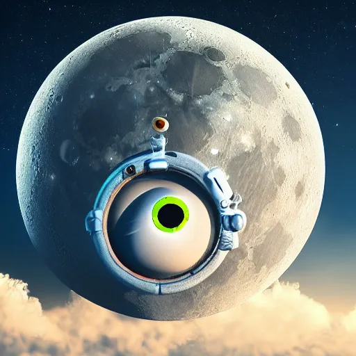 Image similar to detailed masterpiece ofthe moon with cartoon eyes and mouth on it, old photo, detailed, sci - fi, technology, digital art, art station, beeple