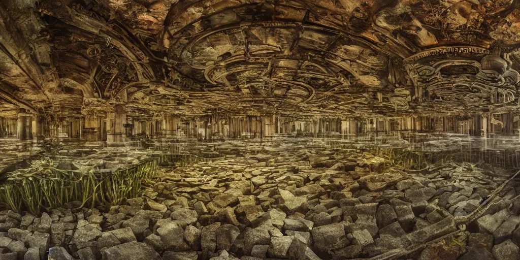 Image similar to mc donald's ruins underwater, wide shot, intricate details, caustics