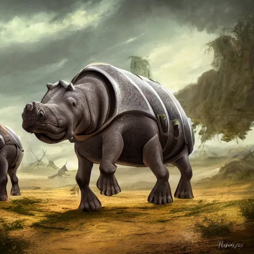 Prompt: fantasy art 4 k photo of knight armored hippos ready for battle