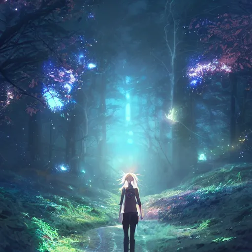 Prompt: twisted pathways, magical cosmic path in the middle of a universe, anime inspired, hyper realistic, dramatic lighting, glowing leaves, 8k, hd, pixiv ,dslr photo by Makoto Shinkai , ilya kuvshinov and Wojtek Fus, digital art, concept art