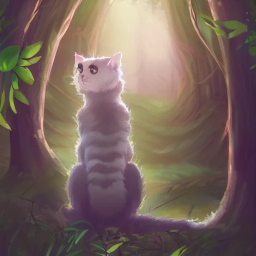 Image similar to a portrait of a cat in the forest, trending on artstation, trending on furaffinity, digital art, by kawacy, anime, furry art, warm light, backlighting, cartoon, concept art