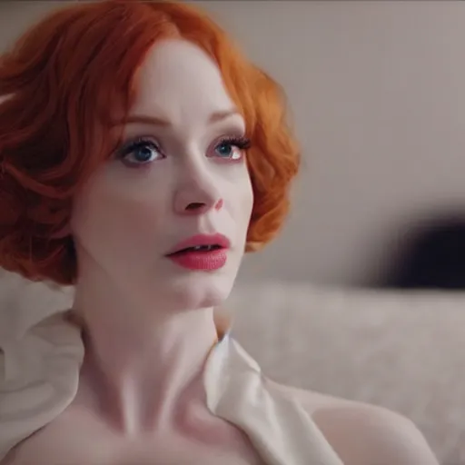 Prompt: a very surprised looking beautiful Christina Hendricks r in the living room, film still from the movie directed by Denis Villeneuve , wide lens