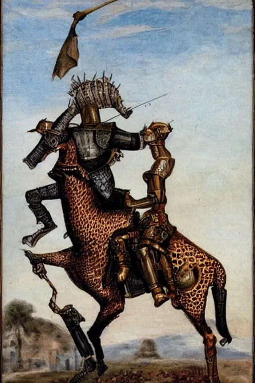 Prompt: a photo of a medieval knight in armor riding a giraffe
