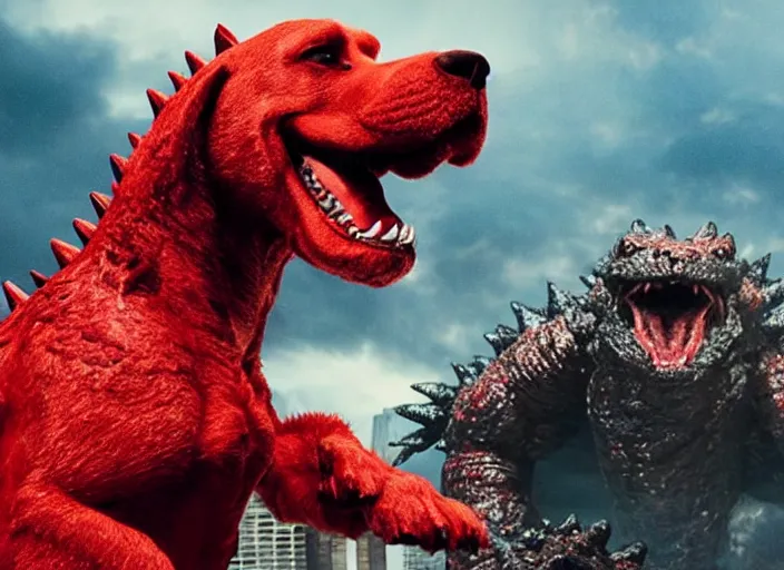 Image similar to film still of clifford the big red dog fighting in new york city in the new godzilla pacific rim crossover movie