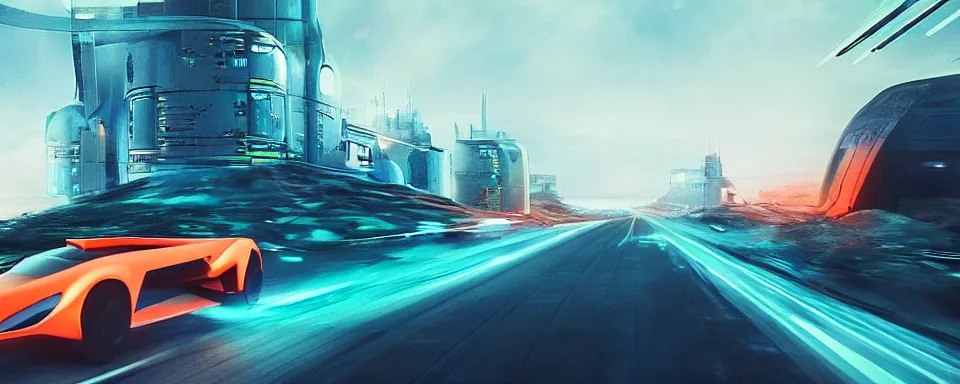 Prompt: futuristic sci - fi vehicles on roads, driving, cinematic, realistic, hd, shallow depth of field, teal and orange colour grading