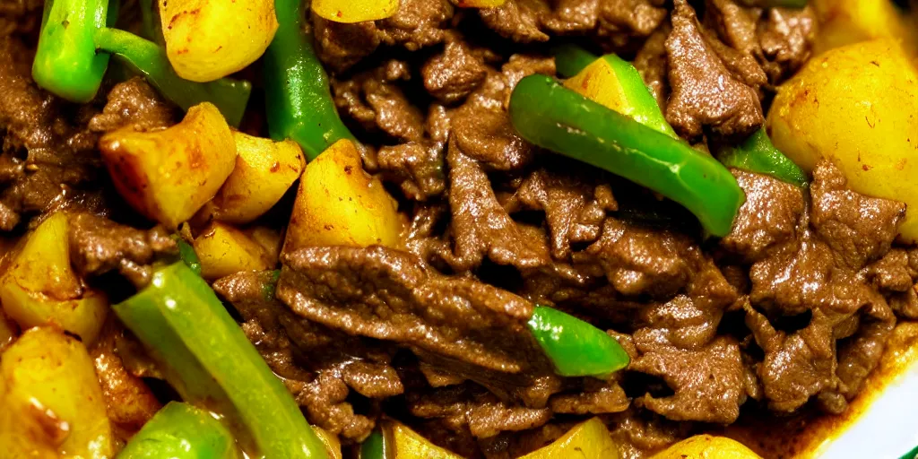 Prompt: curry sauce beef onion potatoes green peppers, closeup, food photography