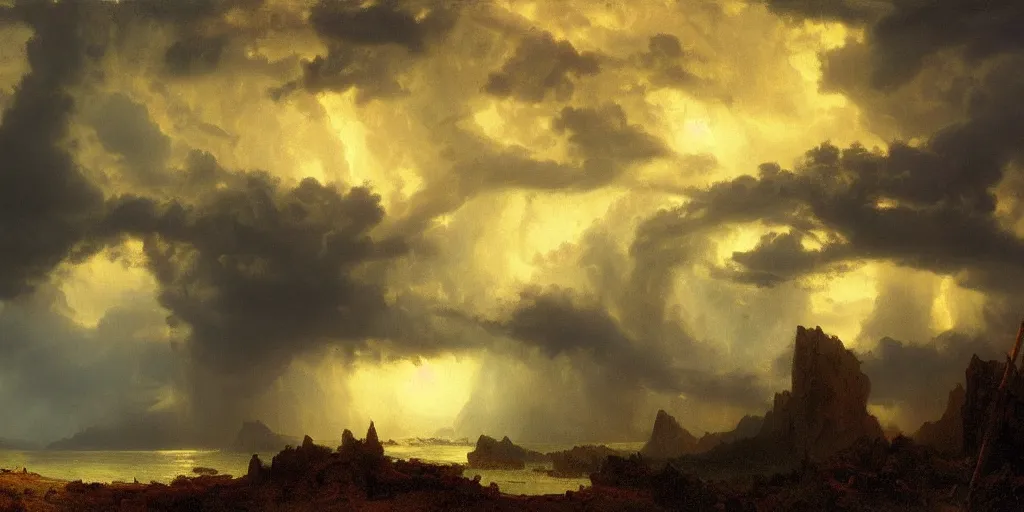 Prompt: a beautiful painting of epic skycape with thunder clouds and storm over a moody landscape by albert bierstadt and joseph zbukvic, moody color scheme, high detail, trending on artstation, orange - - 1, yellow - - 1