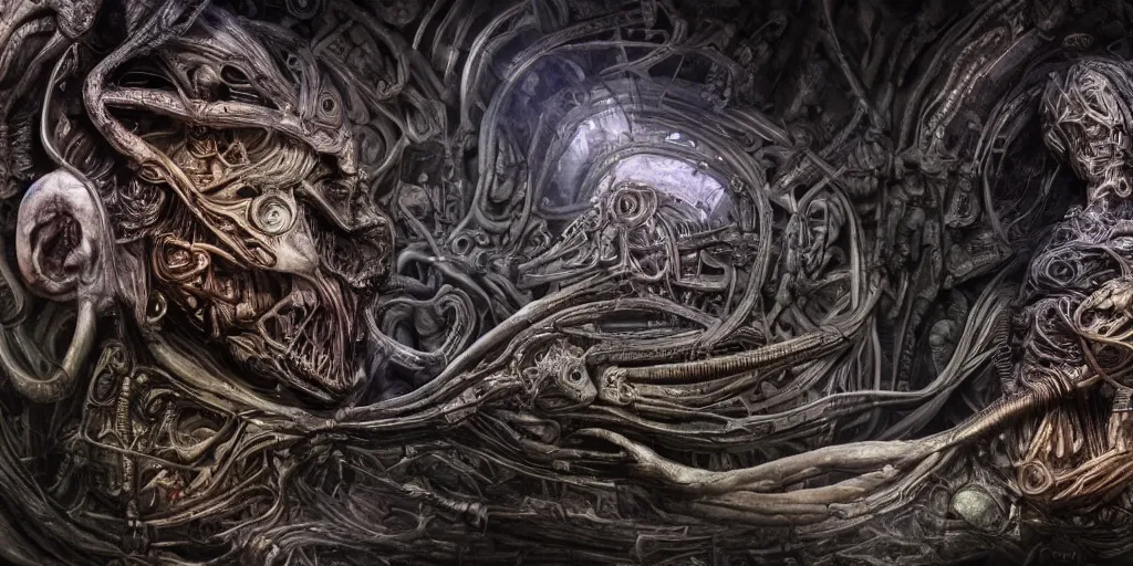 Image similar to dreamscape, giger, vivid colors, anatomical, highly detailed sculpture, intricate detailed, ommatidia, 8 k, cinematic atmosphere, post - processing