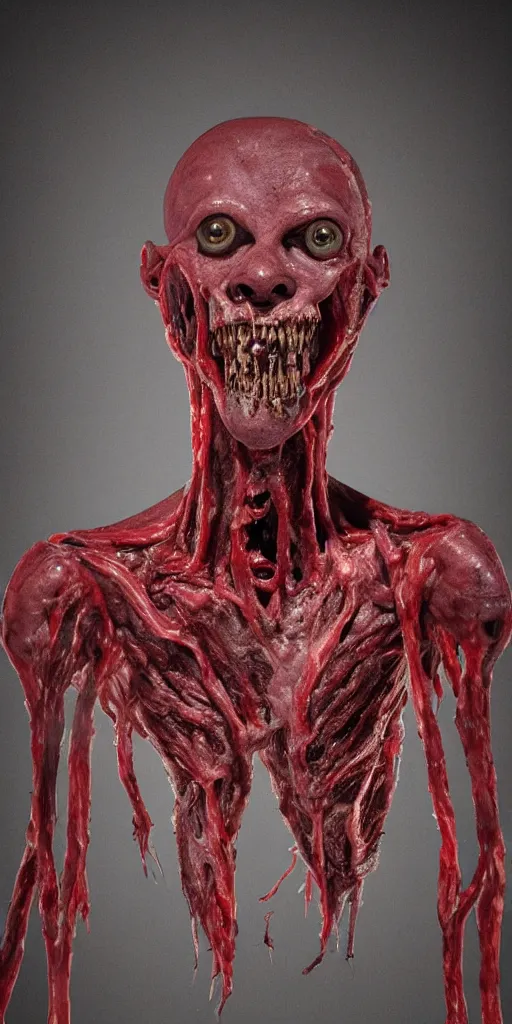 Prompt: smiling photorealistic ultra detailed humanoid creature made of decomposed bloody flesh and bones looking through the window, night, the woods, extremly detailed, 8 k, realistic, sharp focus, cosmic horror creature, cosmic horror, from the movie the thing, mysterious creature, bloody eyes, big eyes