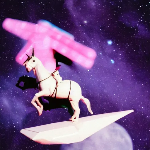 Image similar to justin timberlake riding a pink unicorn in space, cinestill 8 0 0 t, award winning photograph, taken in 1 9 9 9